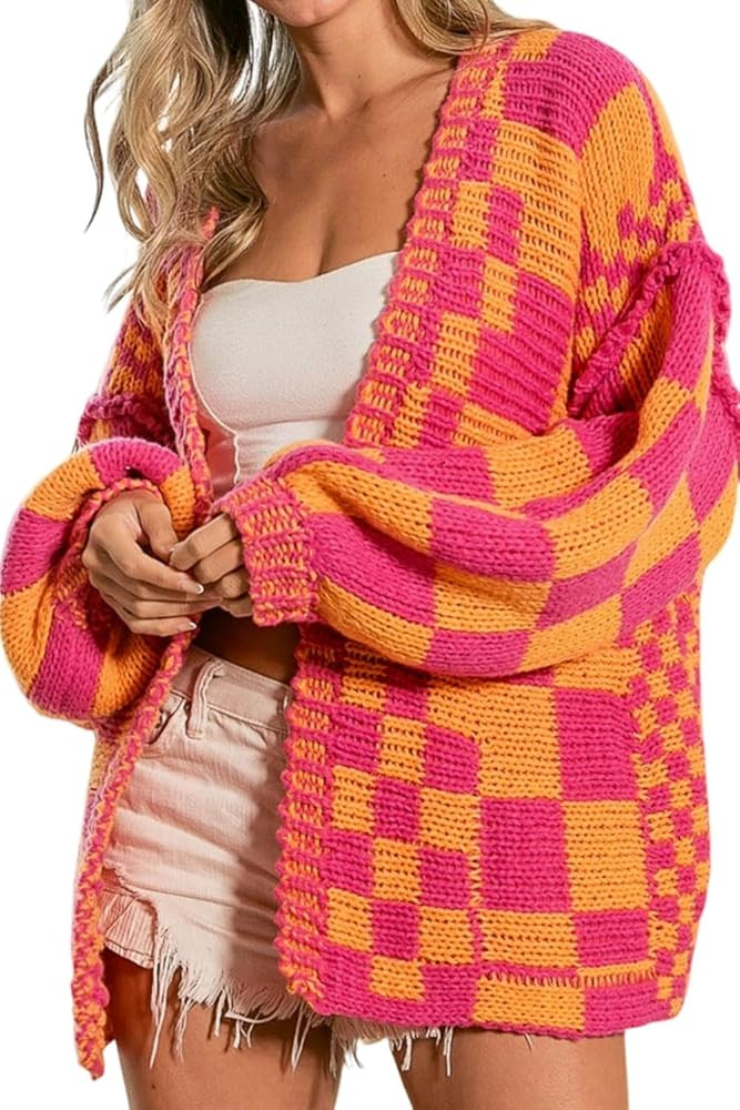 SELINK Women's Cardigan Sweater Vintage Open Front Mixed Checkered Pattern Chunky Knit Plaid Long... | Amazon (US)
