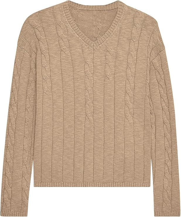 ZAFUL Women's V Neck Cable Knit Sweater 2025 Fall Pullover Long Sleeve Ribbed Loose Top Casual Ou... | Amazon (US)