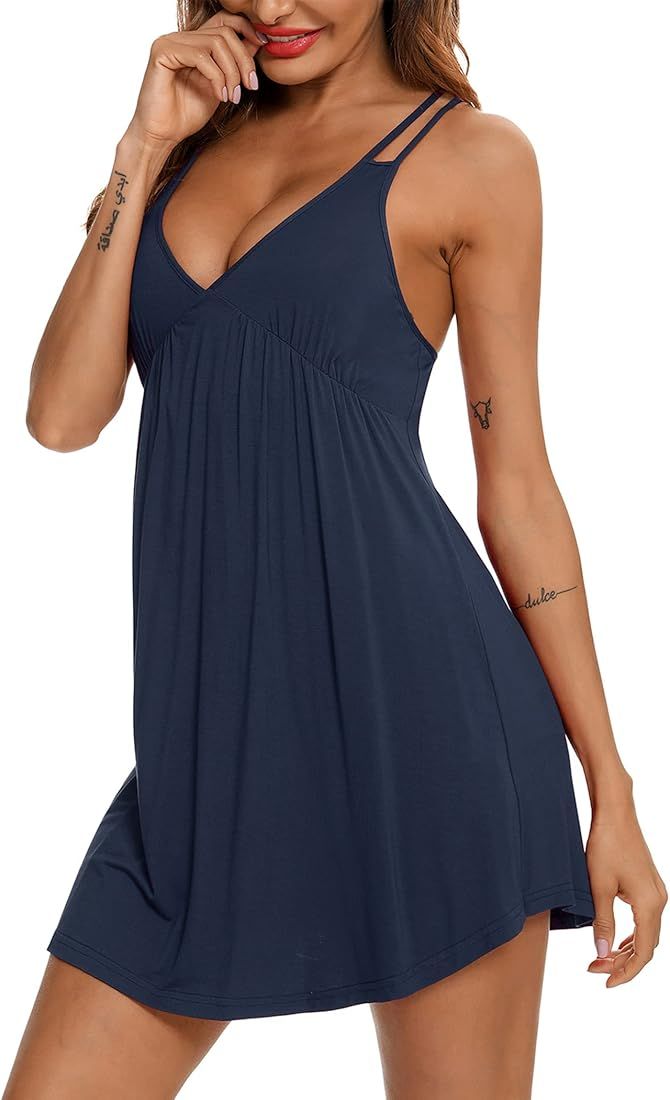 Pjmlifecoco Nightgown for Women Sexy Lingerie Sleeveless Sleepwear V Neck Full Slip Soft Pajama D... | Amazon (US)