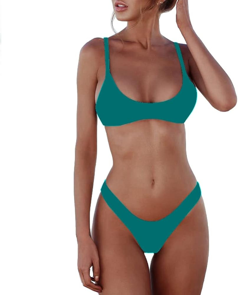 SherryDC Women's Solid Scoop Neck Push up Padded Brazilian Thong Bikini Swimsuit Bathing Suit | Amazon (US)