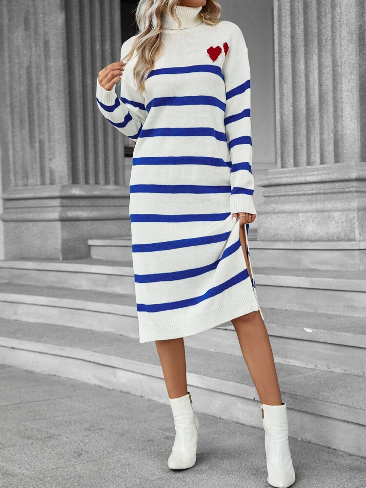 EMERY ROSE Striped & Heart Pattern Turtle Neck Split Hem Drop Shoulder Sweater Dress | SHEIN