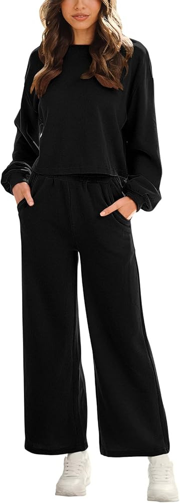 ANRABESS Women’s Two Piece Outfits Long Sleeve Crop Top Wide Leg Pants Knit Sweatsuit Loungewea... | Amazon (US)