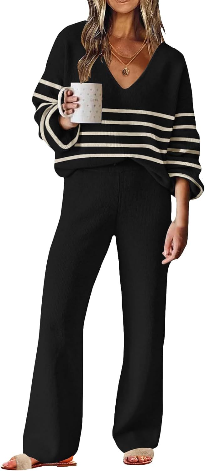 ETCYY NEW Womens 2 Piece Outfits Sweater Lounge Set Casual V Neck Knit Pajama Set Long Sleeve Top... | Amazon (US)