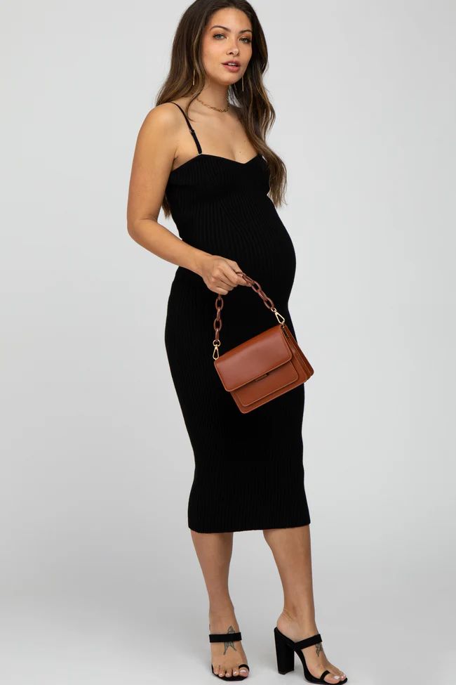 Black Sweetheart Neck Fitted Maternity Midi Dress | PinkBlush Maternity