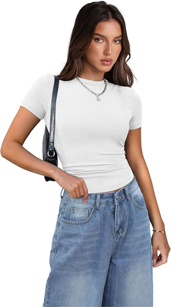 XIEERDUO Women's Short Sleeve Crew Neck Slim Fit T Shirts 2024 Y2k Clothes Spring Summer Basic Go... | Amazon (US)