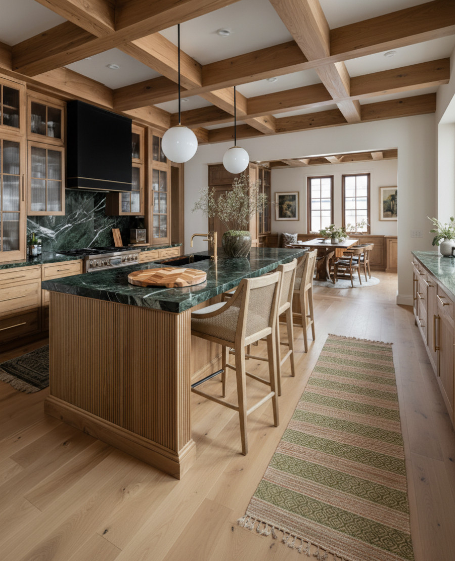 A kitchen that blends warmth and sophistication, where rich green marble meets the timeless beauty of natural wood. The coffered ceiling adds architectural charm, while brass accents and globe pendants bring a touch of modern elegance. Textured bar stools and a woven runner soften the look, keeping the space inviting and lived in.

Shop the look:
Green marble countertop | Oak kitchen cabinetry | Brass kitchen faucet | Globe pendant lights | Woven counter stools | Wood cutting board | Textured runner rug | Ceramic vase with greenery | Framed art prints | Modern range hood 

Black Friday 

 #LTKStyleTip

#LTKSaleAlert #LTKHome #LTKCyberWeek
