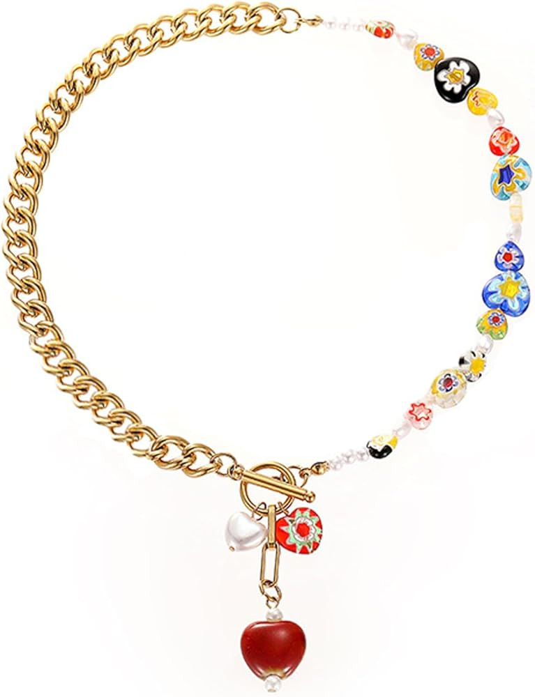 Daisy Flower Necklace For Women Colorful Gold Chunky Heart Ot Cuban Chain Boho Aesthetic Trendy D... | Amazon (US)
