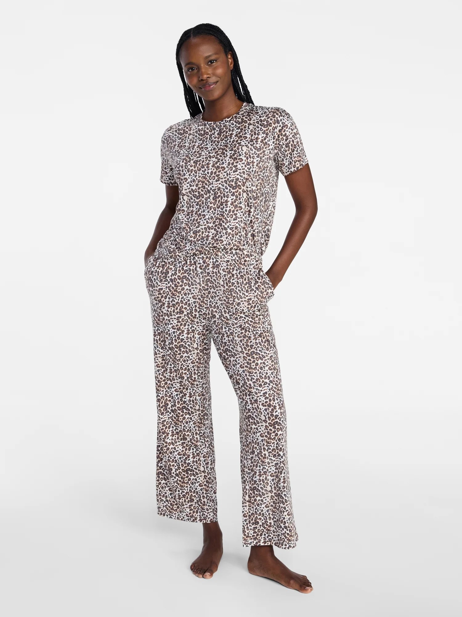 Joyspun Women's Dreamy Soft Collection Short Sleeve Sleep Top and Open Leg Pants Pajama Set, 2-Pi... | Walmart (US)