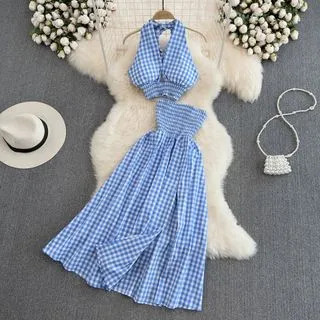 Set: Check Halter Tank Top + Smocked Dress | YesStyle Global