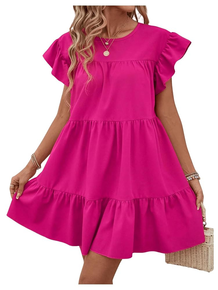 Floerns Women's Summer Short Dress Cap Sleeve Tiered Ruffle Hem Beach Flowy Dresses | Amazon (US)