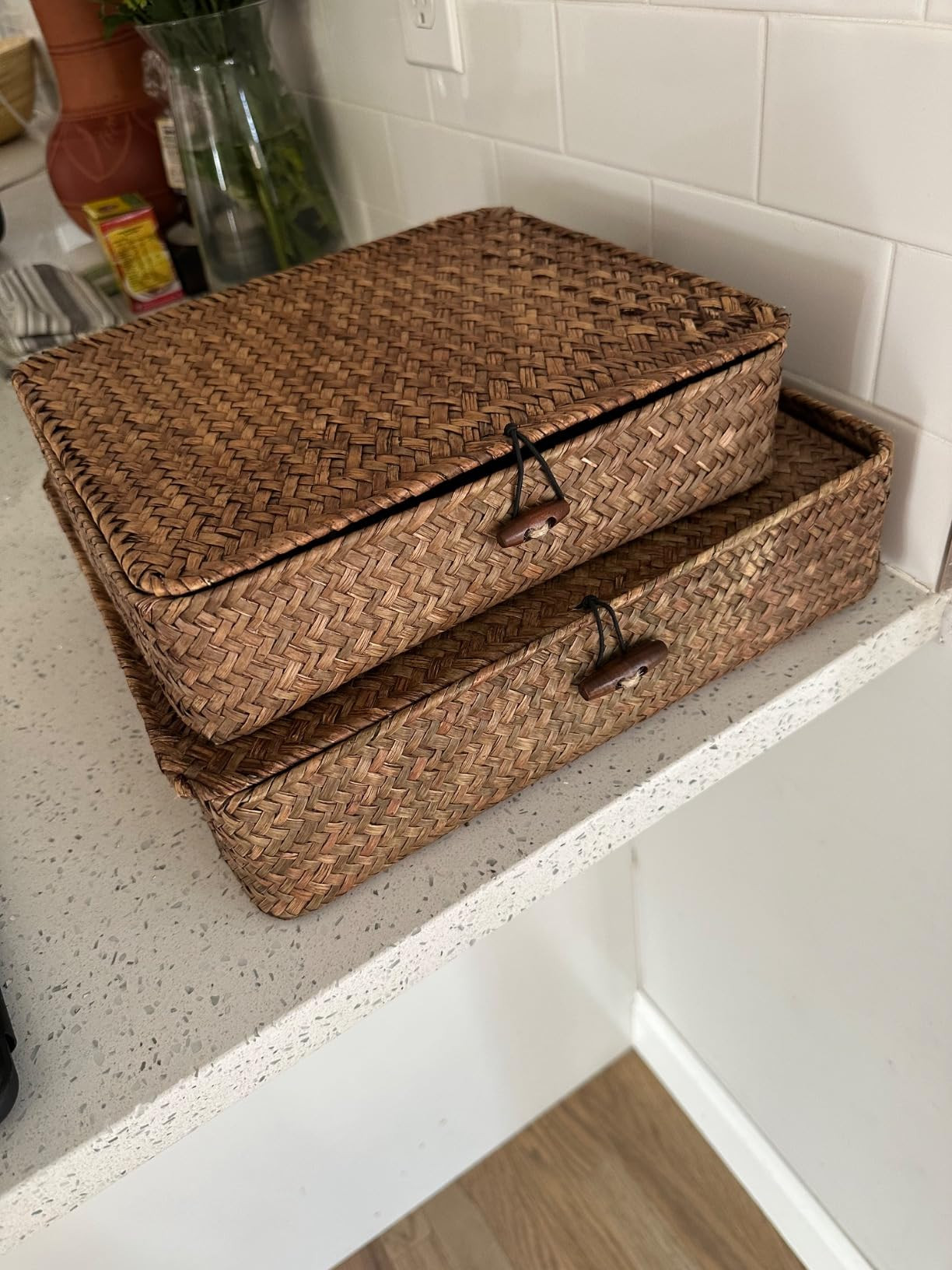 Hipiwe Set of 2 Flat Woven Wicker Storage Bins with Lid Natural Seagrass Basket Multipurpose Home... | Amazon (US)