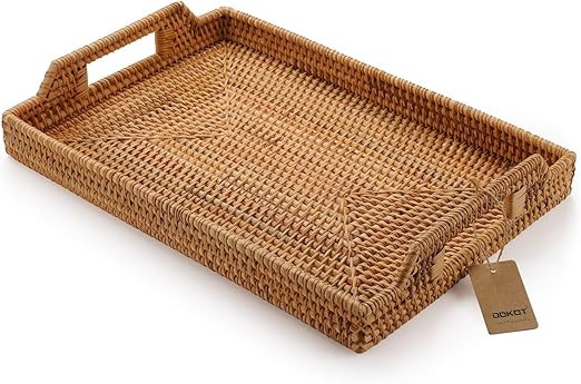 Hand-woven Rattan Rectangular Serving Tray with Handles for Breakfast, Drinks, Snack for Coffee T... | Amazon (UK)