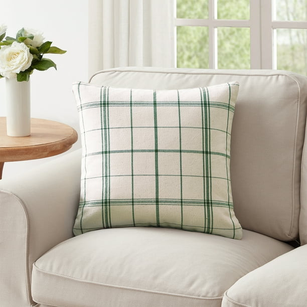 My Texas House Stafford 20" x 20" Farmhouse Ivory/Green Plaid Cotton Square Decorative Pillow Cov... | Walmart (US)