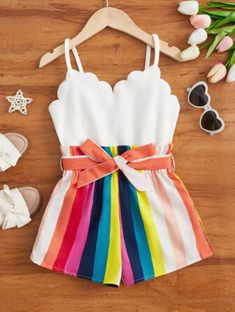 SHEIN Kids SUNSHNE Girls Block Striped Print Scallop Trim Belted Cami Romper | SHEIN