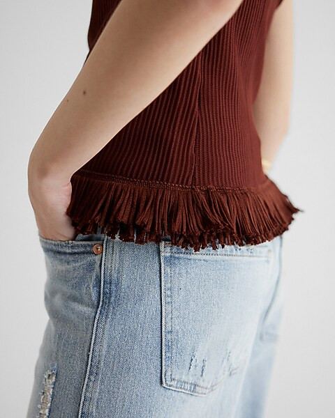 Ribbed Strapless Fringe Sweater Tube Top | Express