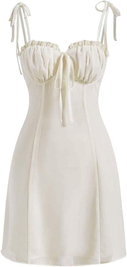 Milumia Women's Ruched Tie Shoulder Cami Dress Spaghetti Strap Flared Short Mini Dresses | Amazon (US)