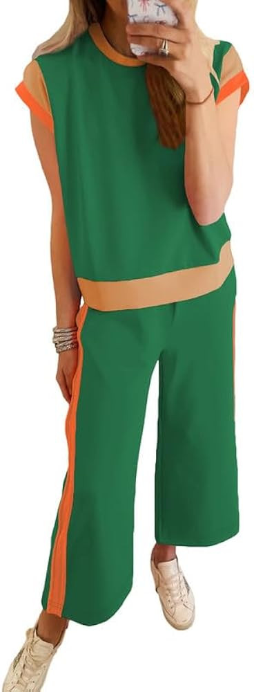 SHEWIN Women's 2 Piece Lounge Sets Casual Short Sleeve Pullover Tops Matching Wide Leg Pants Trac... | Amazon (US)