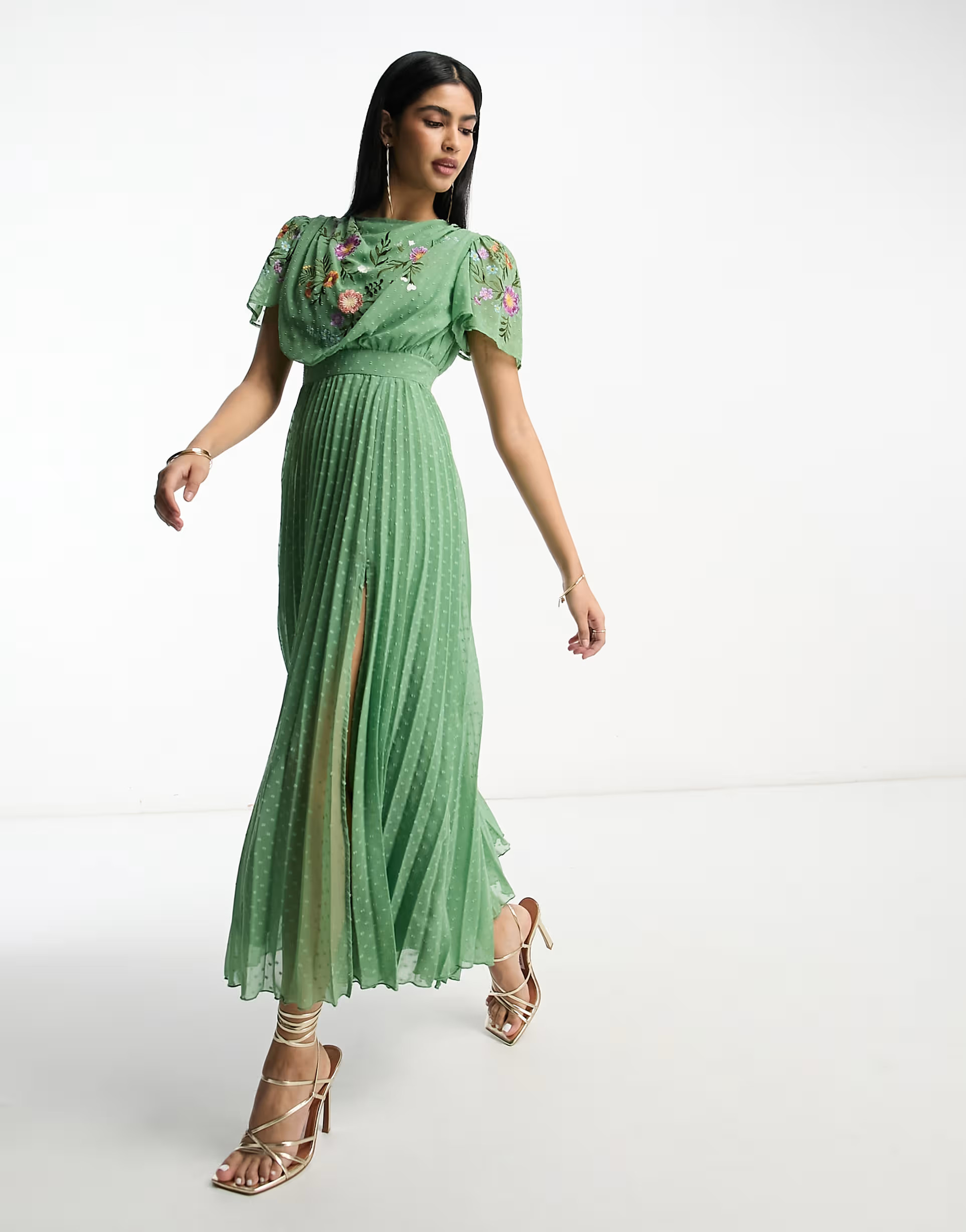 ASOS DESIGN pleated textured cowl front embroidered maxi dress in pale sage | ASOS (Global)