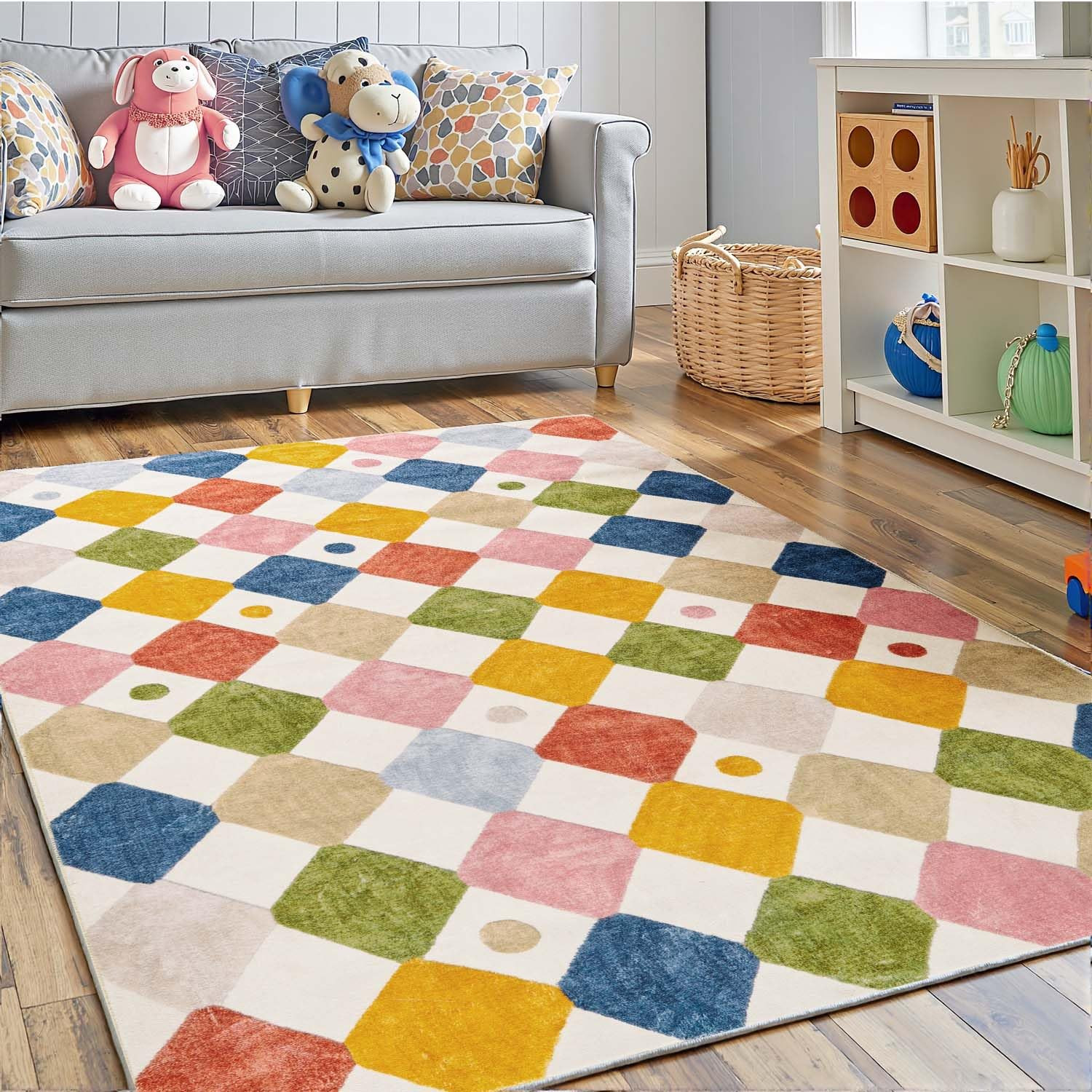 jinchan Area Rug 3x5 Kids Washable Indoor Floor Cover Non-Slip Modern Soft Rug Elementary School Classroom Colorful Diamond Carpet for Nursery Playroom Daycare Bedroom Living Room Circus on Cream | Amazon (US)