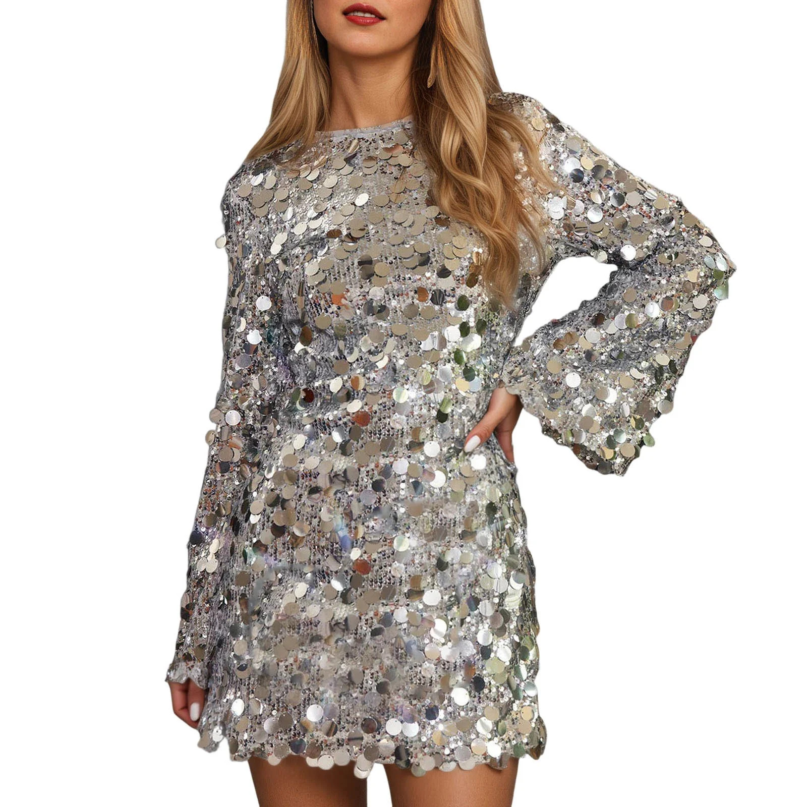 Wovix Sequin Dress for Women Long Sleeve Crewneck Bodycon Dresses Glitter Sparkly Slit Mini Dress... | Walmart (US)