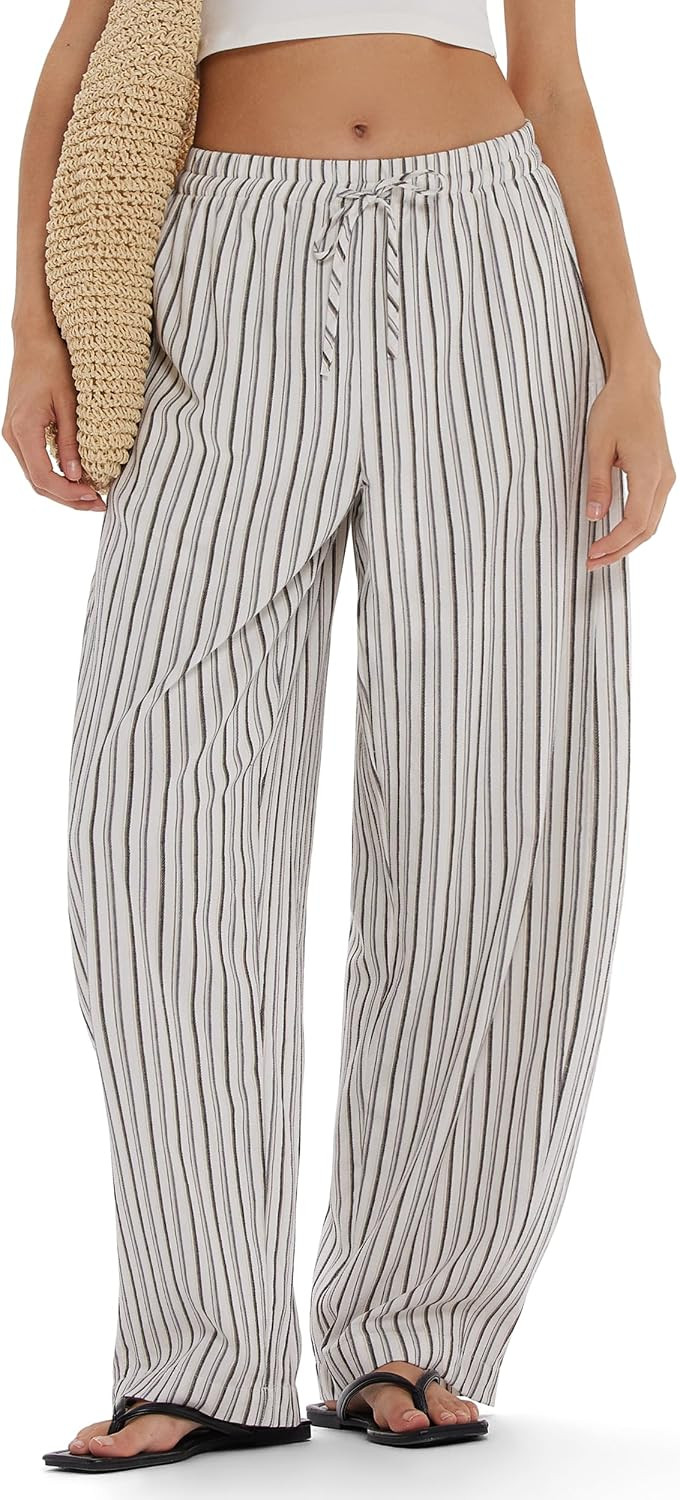 MOOSLOVER Women Linen Lightweight Barrel Pants Drawstring Comfort Casual Lounge Pants Baggy Loose Ankle Pants with Pocket | Amazon (US)