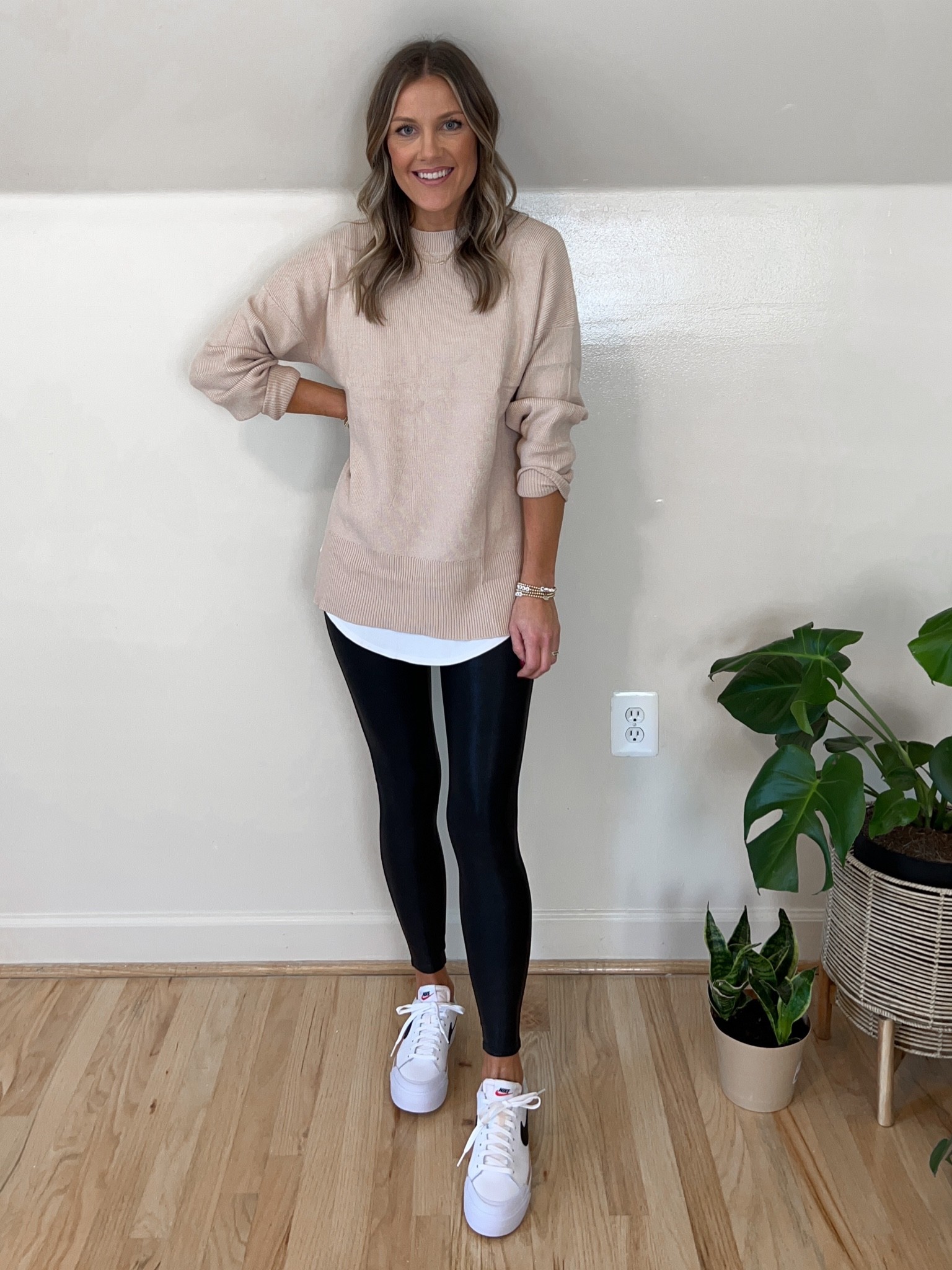 Fall outfit created with spanx faux leather leggings and an Amazon sweater. 👌🏽

Sweater- S 
Leggings- S short /petite (they run long) I’m 5’6” 
White tee- S (fabric is clingy, you may want to size up) 

#LTKshoecrush #LTKunder50 #LTKunder100
