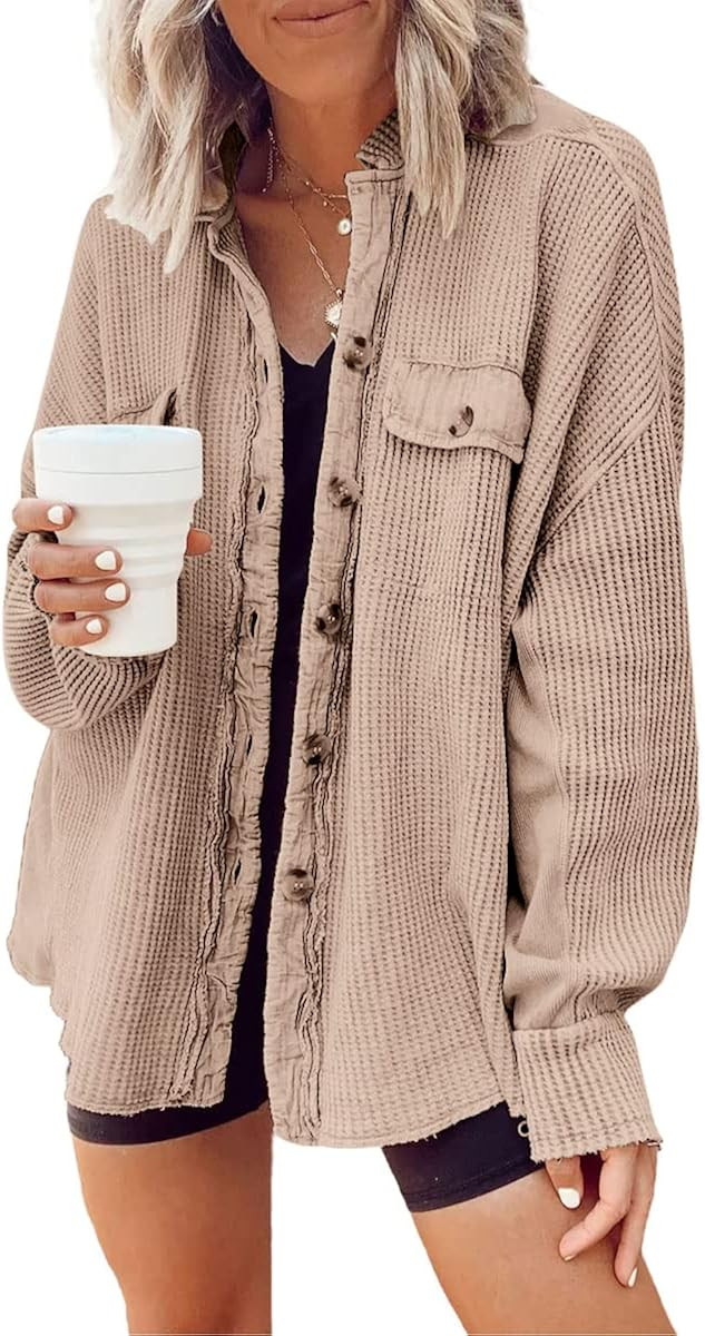 CHARTOU Women's Vintage Banded Collar Button Down Baggy Loose Fit Mid-Weight Frayed Waffle Knit S... | Amazon (US)