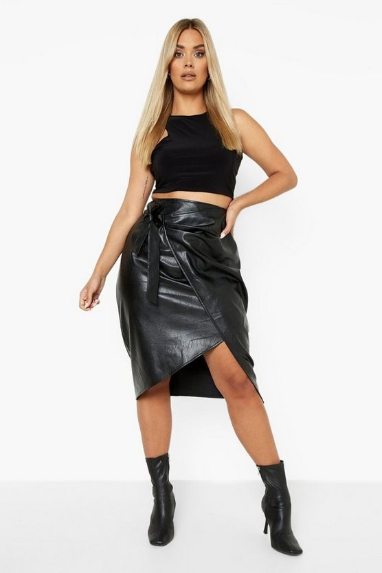 Plus Pu Wrap Tie Belt Midi Skirt | Boohoo.com (US & CA)