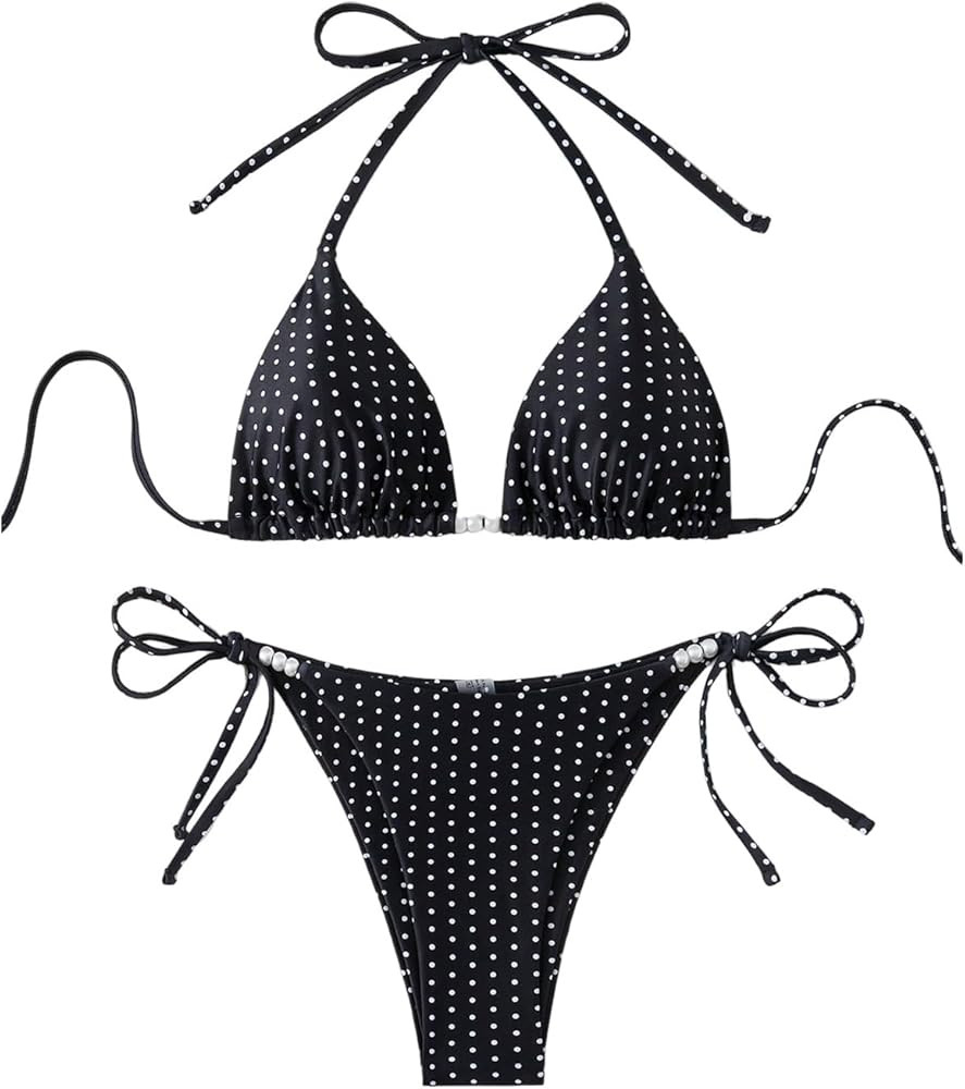 WDIRARA Women's Polka Dots Bikini Sets Halter Triangle String Swimsuit Tie Side 2 Piece Bathing S... | Amazon (US)