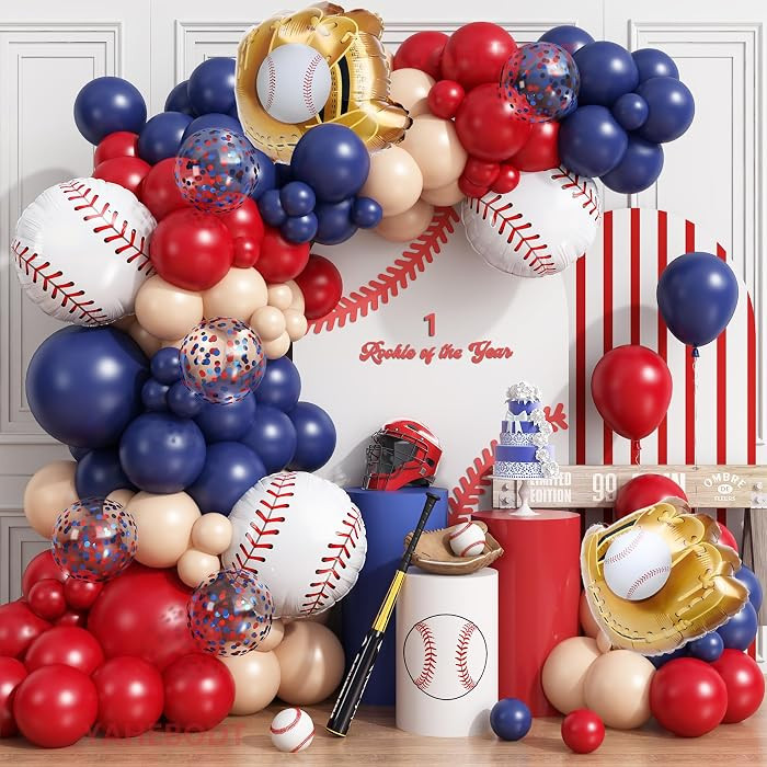 Baseball Balloon Arch Garland Kit,166Pcs Navy Blue Red Nude and Confetti Balloon with Baseball Fo... | Amazon (US)