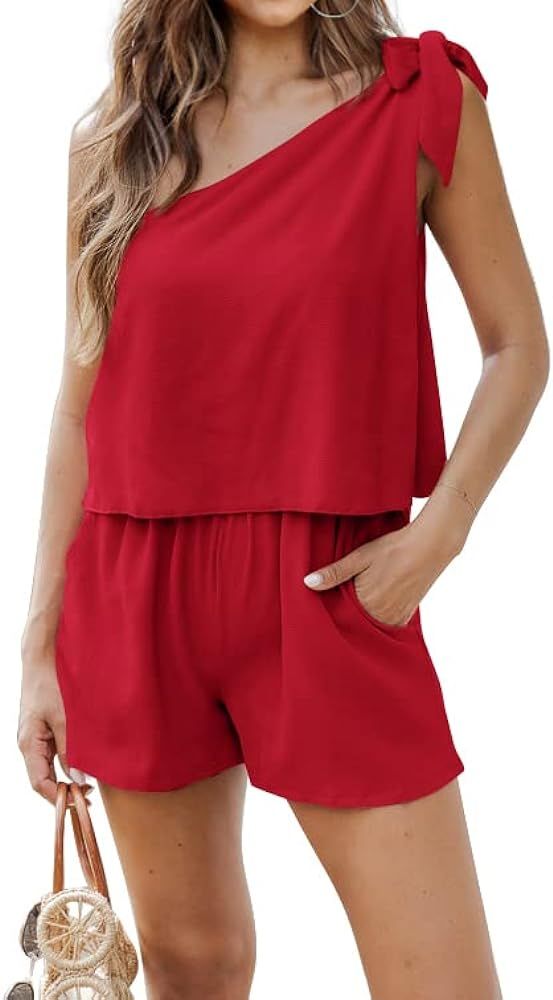PRETTYGARDEN Women's Summer Jumpsuits 2024 Casual One Shoulder Tie Strap Solid Color Loose Sexy S... | Amazon (US)