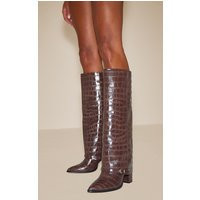 Burgundy Large Scale Croc Fold Over Knee High Block Heel Boot | PrettyLittleThing UK