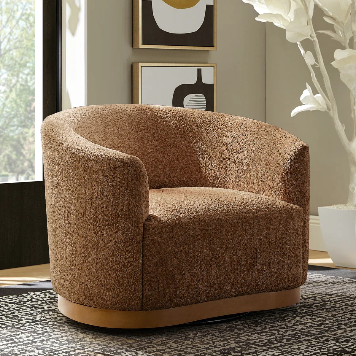 Berklie 31.5"W Modern Boucle Chenille Swivel Barrel Armchair with Ergonomic Backrest and Solid Wo... | Wayfair North America