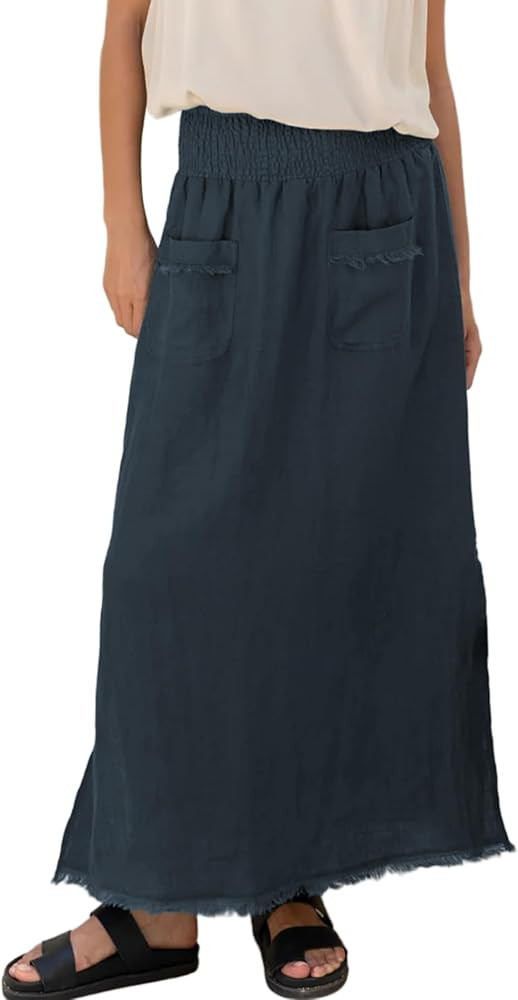 Songling Women Linen Maxi Skirt A-Line Elastic Waisted Long Skirt Casual Side Slit Skirts with Po... | Amazon (US)