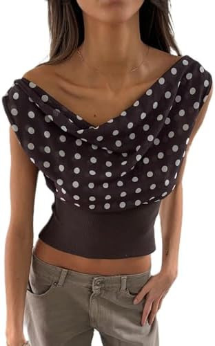 Women Off Shoulder Tops Asymmetrical Boat Neck Sleeveless Backless Y2K Polka Dot Tank Top Going O... | Amazon (US)