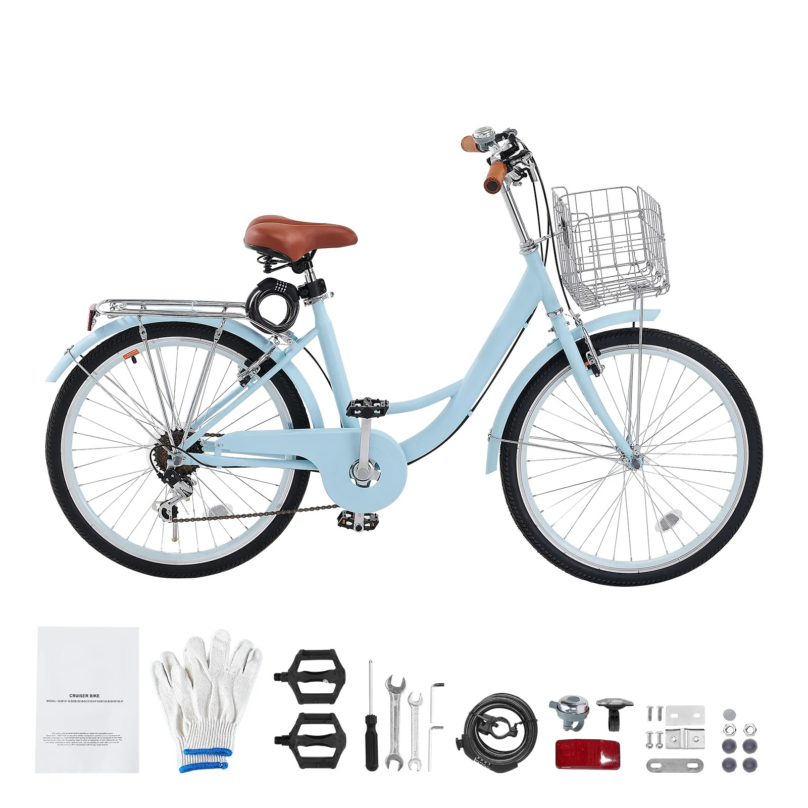 KFFKFF 24" Cruiser Bike, 7 Speed,Sky Blue Coastal Cycle with Spacious Basket and Back Stand, Reli... | Walmart (US)