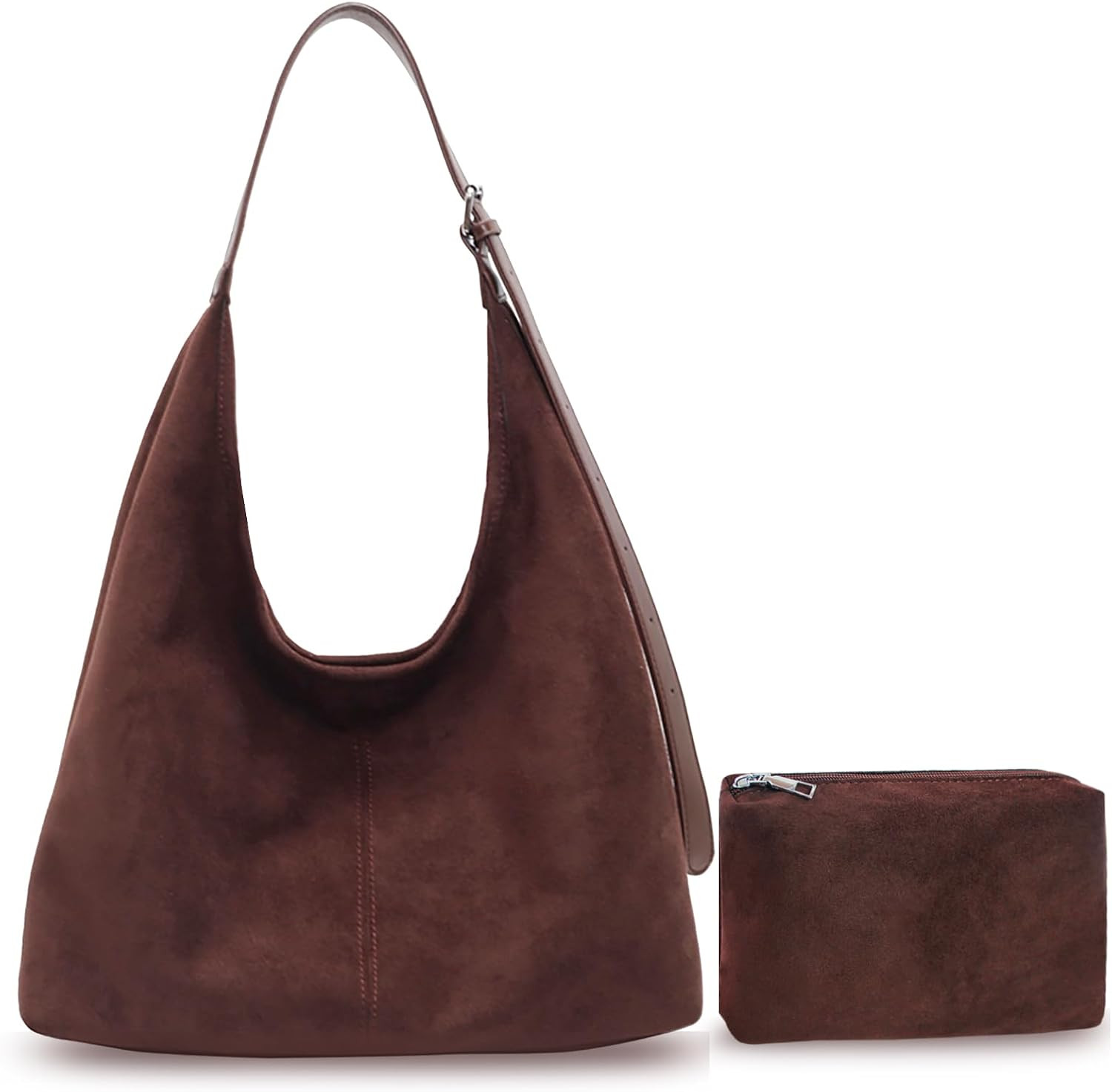 2PCS Brown Suede Bags for Women - Trendy Adjustable Strap Hobo Tote Shoulder Handbag, Fall Winter Faux Suede Purse with Pouch | Amazon (US)