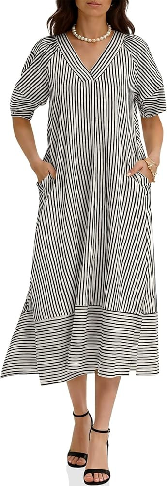 Wenrine Womens Summer Midi Dress Striped Short Sleeve V Neck Side Slit Casual Loose Long Dresses ... | Amazon (US)