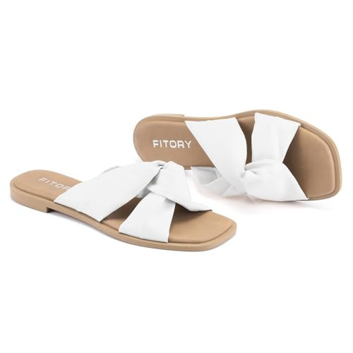 FITORY Women's Flat Sandals Fashion Slides with Comfort Soft Cross Straps for Summer White Size 10 | Amazon (US)