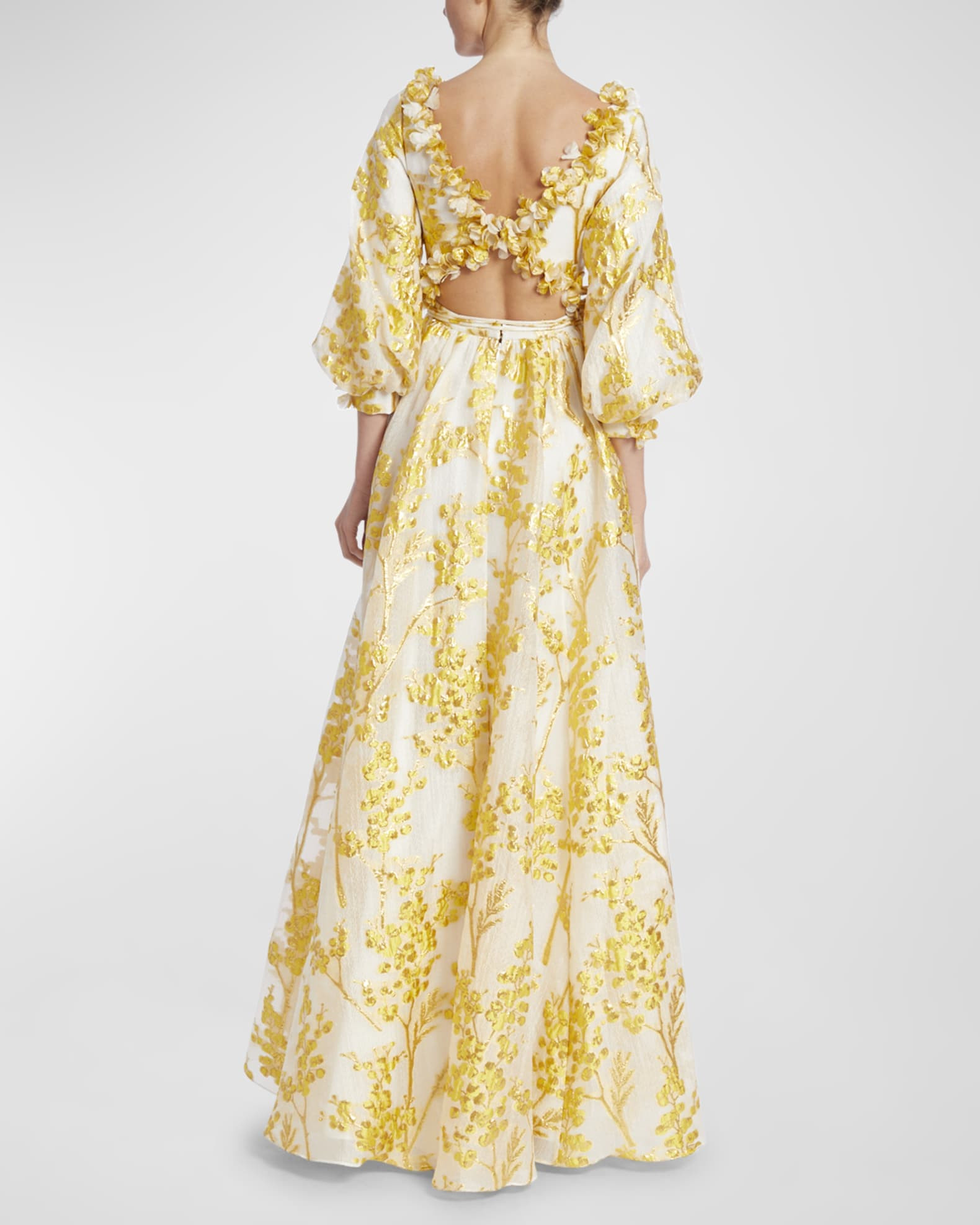 Cutout Blouson-Sleeve Botanical Jacquard Gown | Neiman Marcus