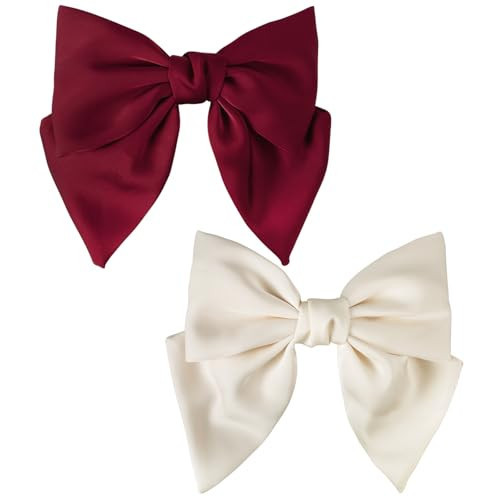 Dalababa Bow Hair Clips, 2 Pcs Large Hair Bows Barrettes Silky Satin Ribbon French Bowknot Accessories For Women Girls (Burgundy & Beige) | Amazon (UK)