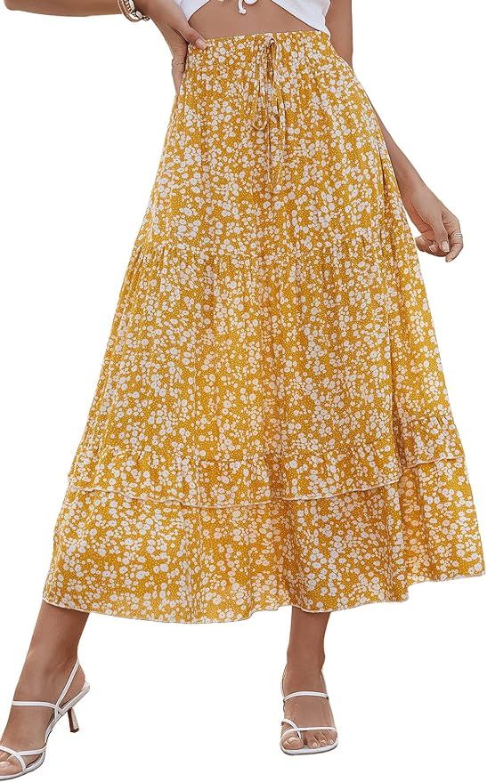 SweatyRocks Women's Elastic High Waist Layered Ruffle Hem Bohemian Floral Flared Maxi Skirt | Amazon (US)