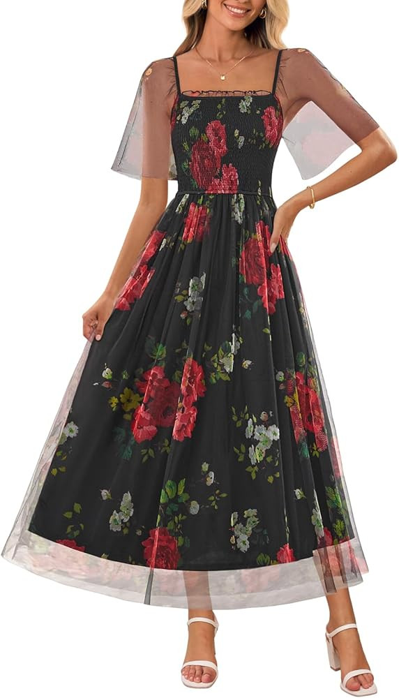 MEROKEETY Women's 2025 Summer Short Sleeve Floral Tulle Dress Square Neck Smocked Party Wedding B... | Amazon (US)