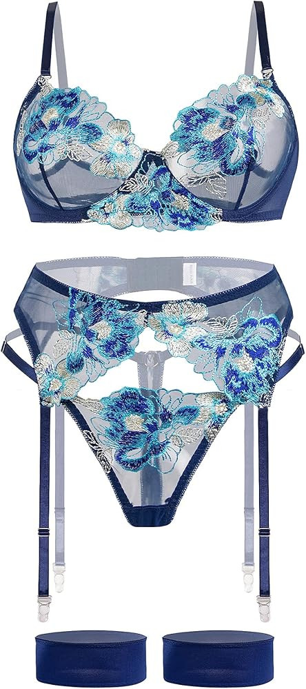 Aranmei Sexy Lingerie Set for Women 4 Piece Lingerie Set with Floral Embroidered Lace Sheer Under... | Amazon (UK)