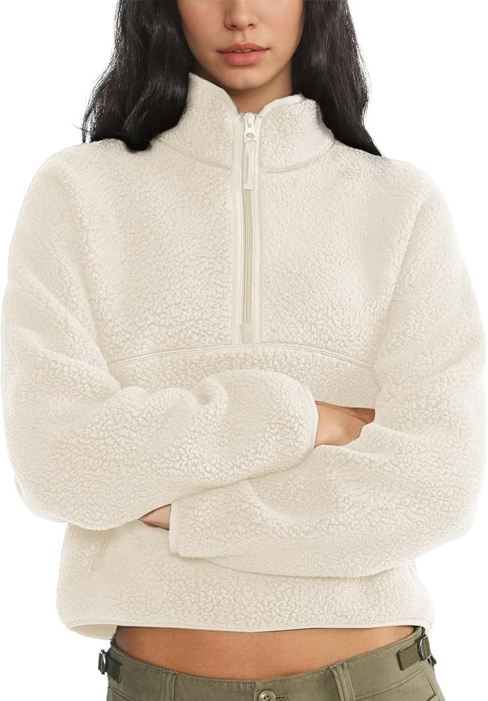 Womens Fleece Sweatshirts Cropped Half Zip Fuzzy Warm Sherpa Pullover Varsity Jackets with Zipper... | Amazon (US)