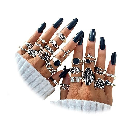 IFKM 25PCS Vintage Silver Knuckle Rings Set for Women, Stackable Joint Finger Statement Rings Bohemian Retro Hollow Carved Midi, Boho Halloween Skeleton Skull Snake Heart Chunky Stacking Pack (Halloween Skull) | Amazon (US)
