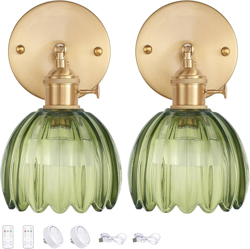 Vintage Battery Operated Wall Sconce with Green Tulip Glass Lampshade Rechargeable Battery Powere... | Amazon (US)