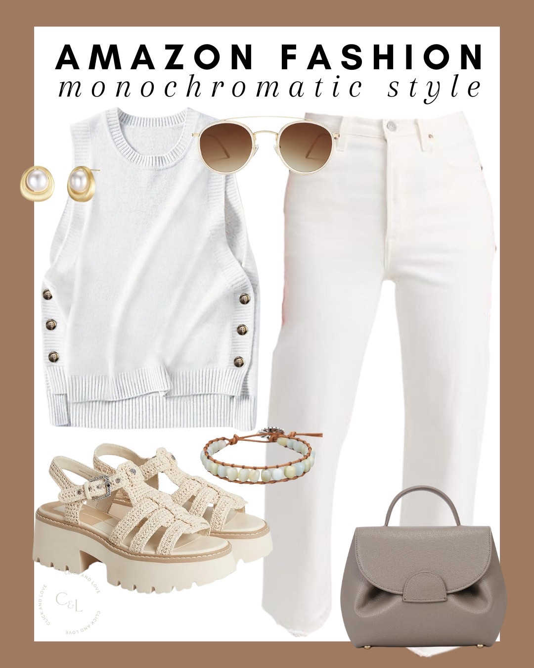 Monochromatic style with Amazon Fashion! This white outfit is so effortless yet chic for spring. Can easily swap out any of the accessories for creating different looks!

White sweater, sweater vest, white denim, cream jeans, handbag, purse, sunglasses, stud earrings, handmade bracelet, boho style, retro sunglasses, straight ankle jeans, crossbody bag, fisherman sandals, platform shoes, women’s shoes, summer shoe, pearl earring, Womens fashion, fashion, fashion finds, outfit, outfit inspiration, clothing, budget friendly fashion, summer fashion, spring fashion, wardrobe, fashion accessories, Amazon, Amazon fashion, Amazon must haves, Amazon finds, amazon favorites, Amazon essentials #amazon #amazonfashion

#LTKStyleTip #LTKShoeCrush #LTKFindsUnder50