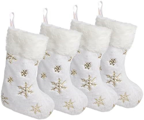 CCINEE 4PCS White Christmas Stockings,18 Inch Large Plush Faux Fur Xmas Stocking with Golden Snowfla | Amazon (US)