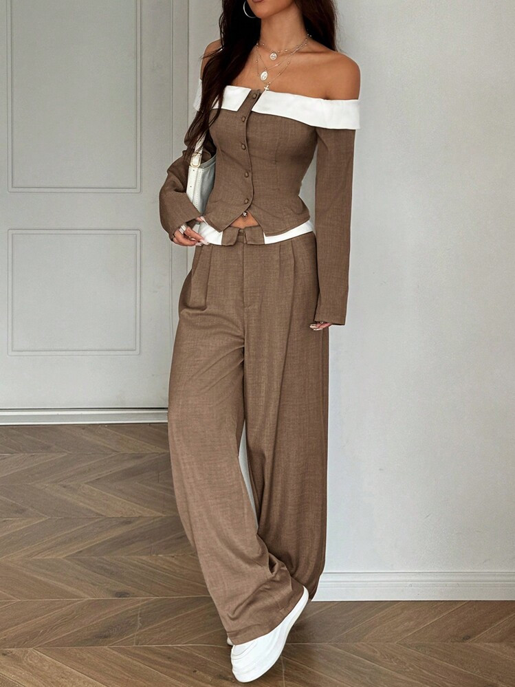 SHEIN EZwear Women's Autumn Color Block Off Shoulder Long Sleeve Single Breasted Top And Pants Suit Set Brown Two Pieces Setpants Suit | SHEIN